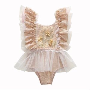 Baby Girls Gold Pink Laced Floral Tulle Onesie
